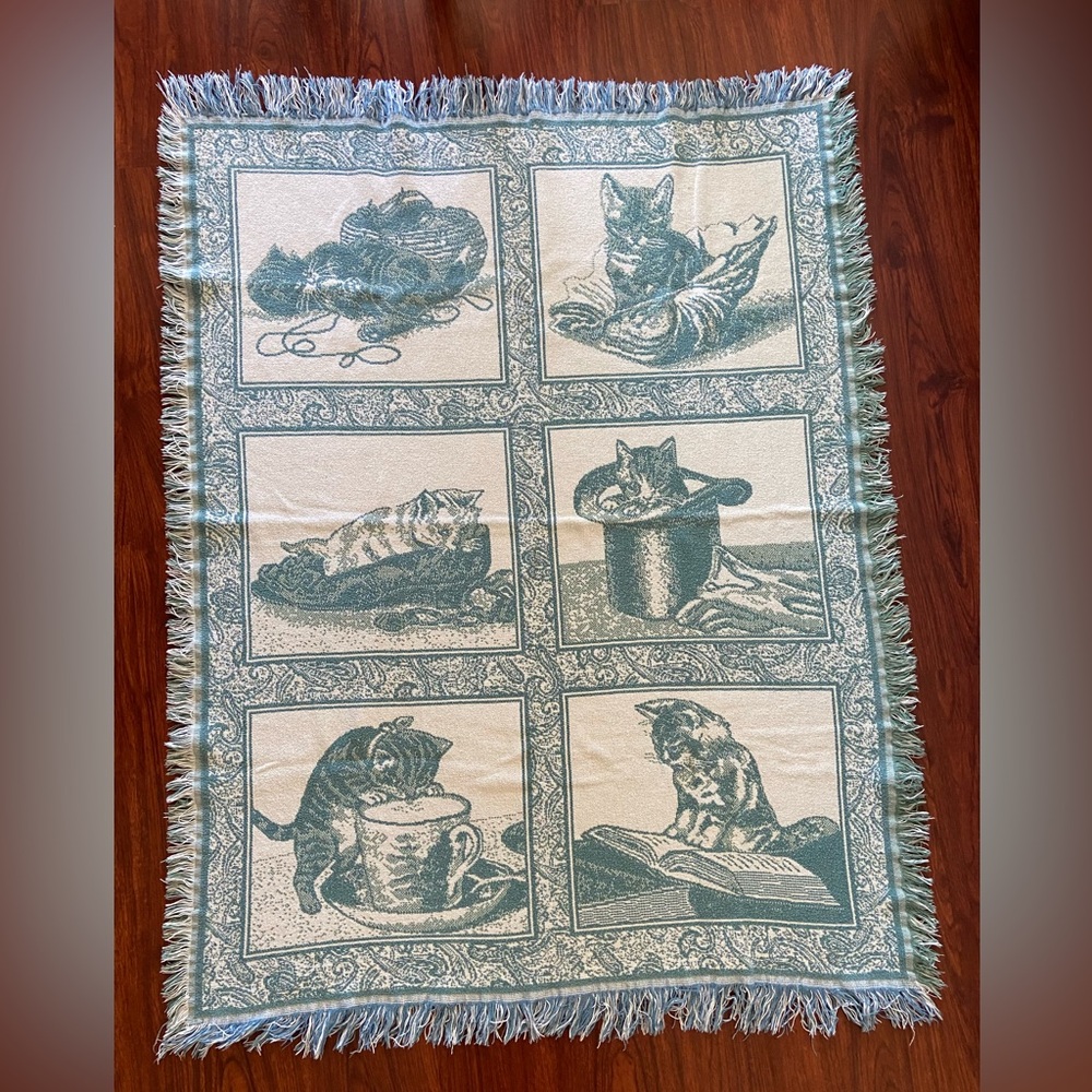 CAT Kitten Aqua Blue and White Cotton Tapestry Throw Blanket - Picture 2 of 6